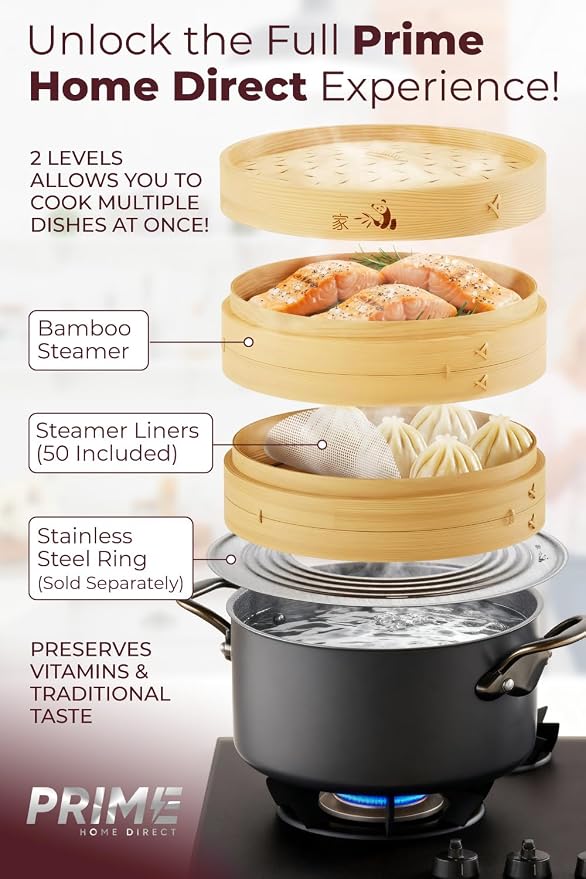 Bamboo Steamer Basket - Cook Delicious Meals with Authentic Flavor at Home | 8 Inch, 2 Tiers + 50 Liners - Compact Basket Steams Bao, Dumplings, Rice and Vegetables Together while Saving Kitchen Space