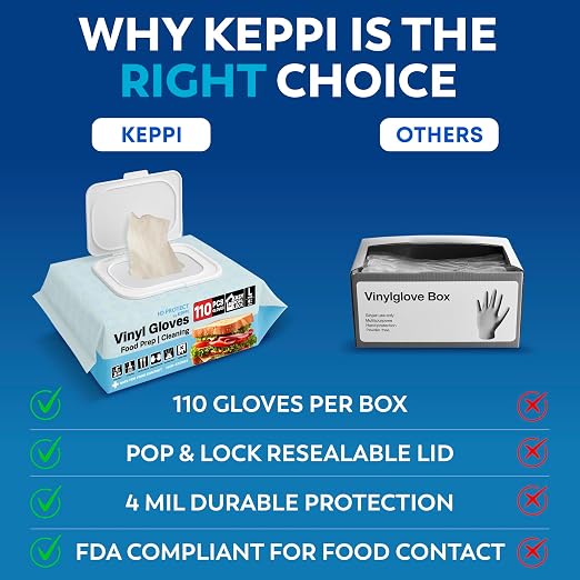 Keppi 110 Pack Clear Vinyl Gloves – Disposable Latex - BPA & Powder-Free – Food Safe Plastic Gloves for Cooking Cleaning Food Prep Catering BBQ Baking & Restaurant Use - (Large)