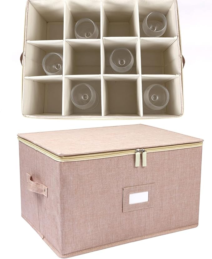 Wine Glass Storage Box, Stemware Storage Containers Cases with Dividers | Glassware Storage Containers Holds 24 Red or White Wine Glasses, Hard Top and Sides (2 Pack Beige)