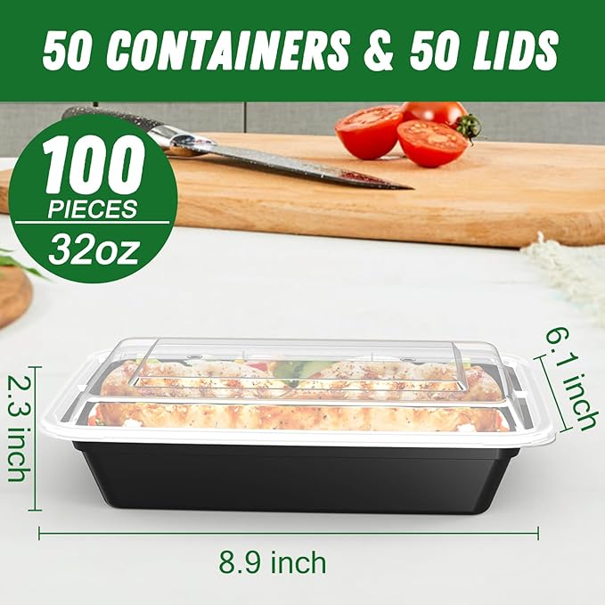 50 Pack (100-Piece) 32 oz Meal Prep Containers with Easy Open Lids, Black | Sturdy Leakproof & Food Safe, Microwave, Freezer, Dishwasher Safe Prep Containers, To Go Take Out Plastic Food Storage
