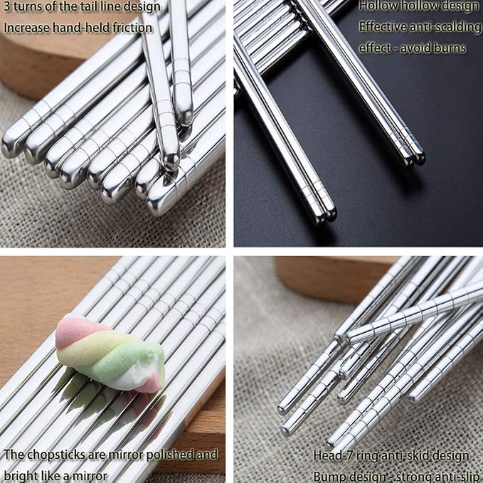 5 Pairs Metal Chopsticks, Stainless Steel Chopsticks Set, Reusable, Lightweight 304 Non-Slip Chop Sticks, Dishwasher Safe, Japanese Korean for Cooking, 8.9 Inch, Silver
