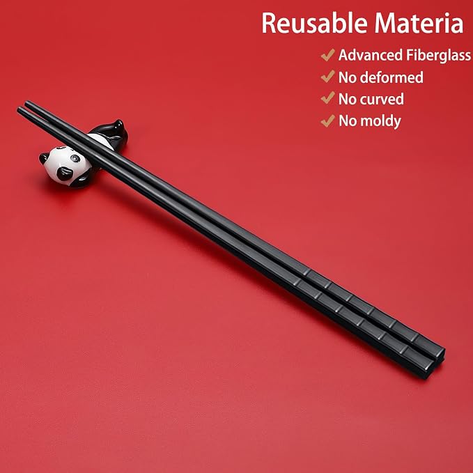 Panda Chopsticks With Rest Gift Set, 2PC Black | Dishwasher Safe, Reusable Fiber Glass Chopsticks, Porcelain Cute Panda Chopstick Holder, Non-slip, Chinese Japanese Style