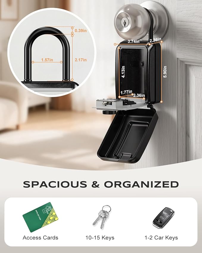 Large Lock Box for Keys with Code, 4 Digits Combination Portable Key Lock Box with Resettable Spare Key, Weatherproof Key Safe Storage Lockbox for Home, Office Door Handle, No Drilling Needed