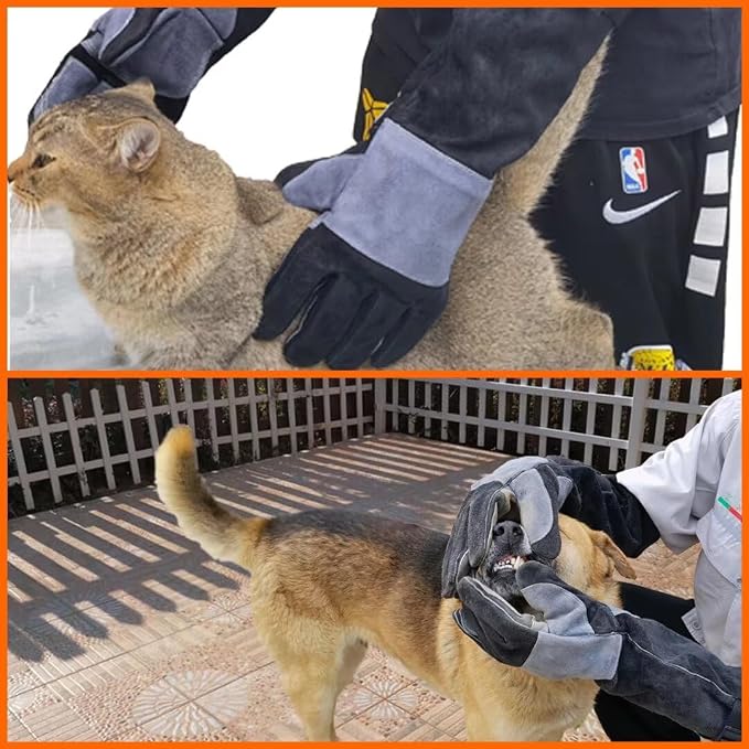 WZQH 23.6 In Gloves for Animal Handling,Welding,Bite Proof for Cat Dog.L | For Grabbing Reptile Bird Falcon Livestock Snake,Grooming,Trips to Vet,Fireplace.Puncture & Scratch Resistant,Leather,Black
