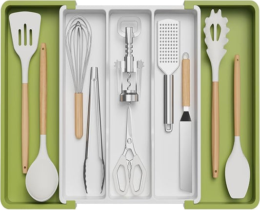 Lifewit Utensil Organizer for Kitchen Drawers, Expandable Cooking Utensil Tray, Adjustable Cutlery Silverware Flatware Holder, Spatula Tools and Gadgets Storage Divider, 13"-22.4" x 15", Green&White