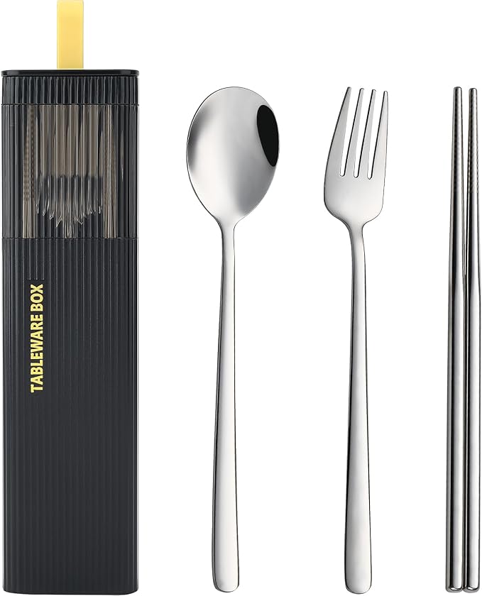 DEVICO Travel Utensils with Case, 4Pcs Korean Chopsticks Fork and Spoon Set | 18/8 Stainless Steel Portable Cutlery Set, Reusable Silverware for Lunch Box/Camping/Work/School, Dishwasher Safe, Black