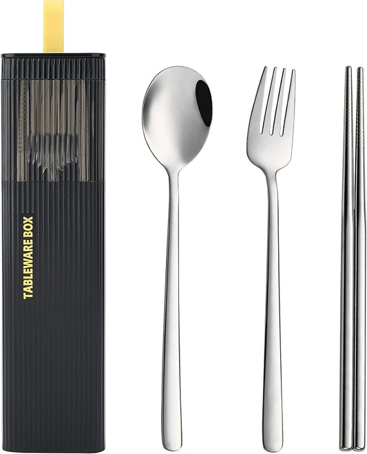 DEVICO Travel Utensils with Case, 4Pcs Korean Chopsticks Fork and Spoon Set | 18/8 Stainless Steel Portable Cutlery Set, Reusable Silverware for Lunch Box/Camping/Work/School, Dishwasher Safe, Black