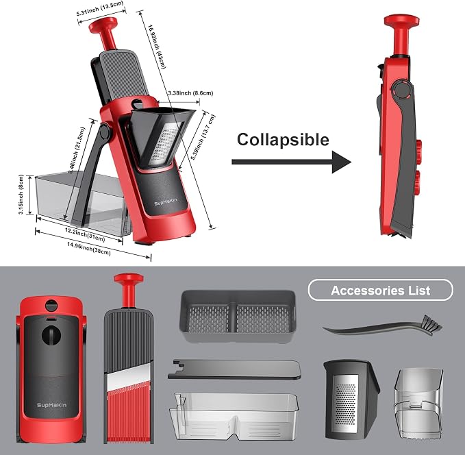 SUPMAKIN Safe Mandoline Slicer, Adjustable Vegetable Food Slicer and Chopper, Potato Fries Fry Cutter, Veggie Salad Chopper, New Kitchen Chopping Artifact Gifts (4V RED)