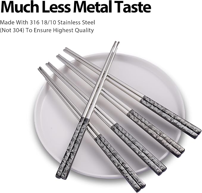 Hagary Tiger Chopsticks Metal Chopsticks Reusable Designed In Korea Japanese Style Stainless Steel 316 18/10 Non-Slip Dishwasher Safe Laser Etched (Black - 5 Pairs)