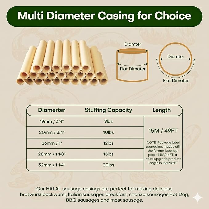 VONSYONG HALAL Sausage Casing, Grade A Edible Drying Collagen Sausage Casings for Flavorous Homemade Sausages 15m/49ft,Diameter 28mm/ 1 1/8'',1 Roll