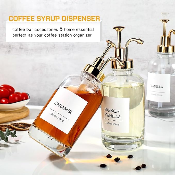 MHDCLY Coffee Bar Accessories, Coffee Syrup Dispenser - 4pack,16.9oz Syrup Dispenser with Labels,Syrup Pump Dispenser for Coffee Bar(Gold Pump)