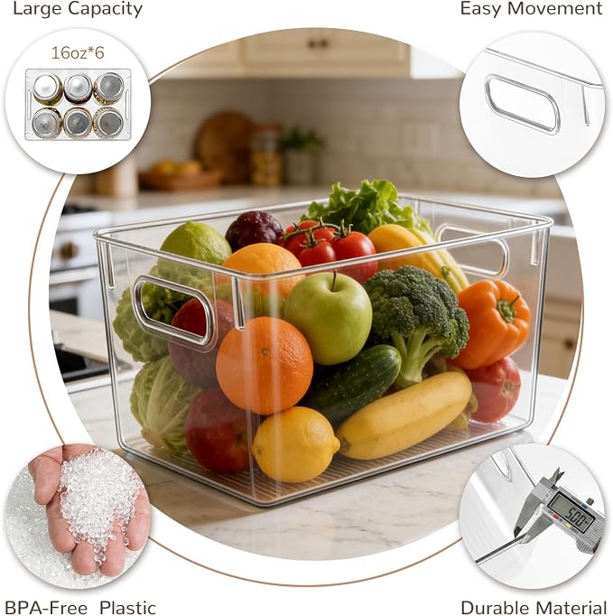 Hudgan Set of 8 Clear Plastic Storage Bins 4 Large and 4 Small Stackable Storage Containers for Pantry Organizers and Kitchen Storage, Cabinet, Freezer, Under Sink Organization