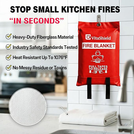 Emergency Fire Blanket for Kitchen Grease Fire, 39x39in, Easy Pull Tabs for Quick Use, 1076°F Heat Resistant Fiberglass, No Mess Extinguisher Alternative for Home Car RV BBQ (1 Pack)