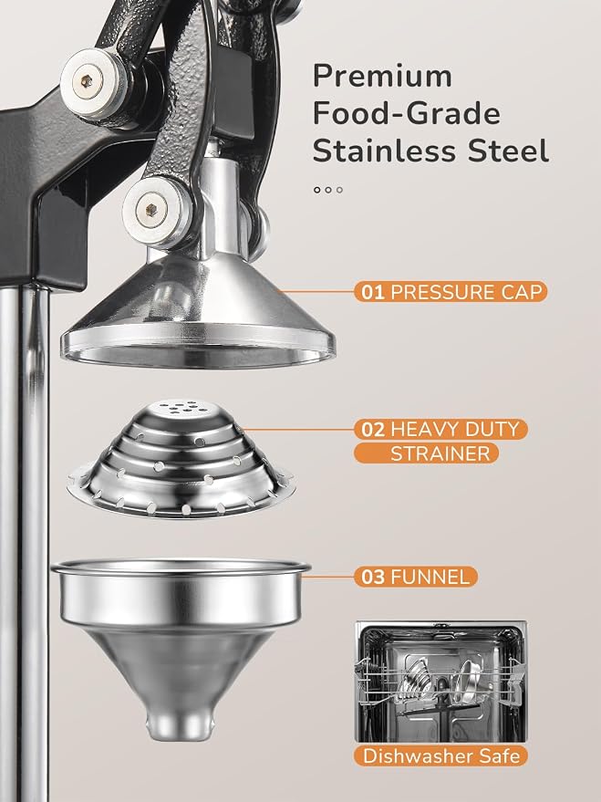 QCen Manual Citrus Juicer Cast Iron Heavy Duty Orange Press | Stainless Steel Strainer, Hand Squeezer, Easy To Clean, For Orange, Lemon, Lime And Grapefruit, Black