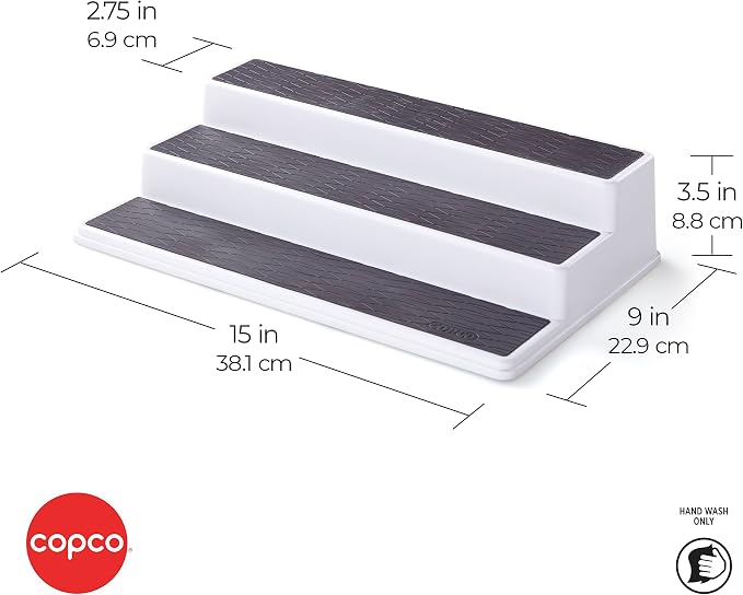 Copco 3-Tier Spice Rack Organizer for Cabinet - 15 Inch Non-Skid Pantry Organizer and Storage Shelf for Spices, Canned Goods, Seasonings - White and Gray Kitchen Cabinet Organizer