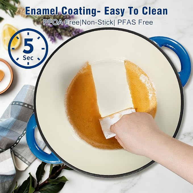 5 QT Enameled Cast Iron Dutch Oven with Self-Basting Lid, Heavy Duty Enamel Coated Soup Pot for Slow Cooking, Stews, Roasts & Bread Baking, Moisture Retention Cooking Pot, Oven Safe to 500°F