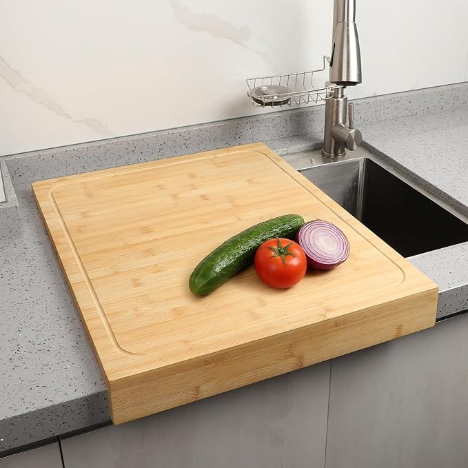 BAMOTTO CRAFTBAMBOO 18.9x22 Inch Extra Large Bamboo Cutting Board Over Sink | Non-Slip Detachable Lip | Reversible Juice Groove | Kitchen Noodle Board | RV Stovetop Cover | Turkey Carving