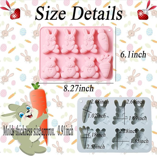 2 Pcs Easter Silicone Molds, 8- Cavity Non-Stick Bunny Carrot Baking Molds, Chocolate Cake Molds, for Making Candy, Soap, Ice Cube, Pudding, Jelly, Soap, Cake Topper Decoration