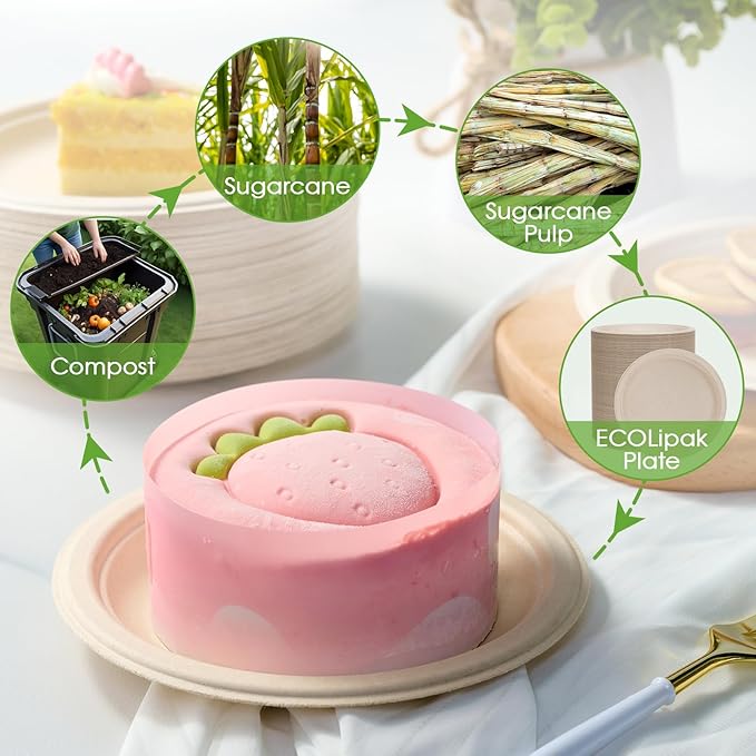 ECOLipak 6 Inch Disposable Compostable Small Paper Plates, 500 Pack Recycled Sugarcane Bagasse Biodegradable Heavy Duty Mini Dinner Appetizer Cake Dessert Plates for Party(Nature)