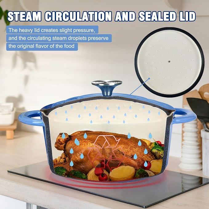 5 QT Enameled Cast Iron Dutch Oven with Self-Basting Lid, Heavy Duty Enamel Coated Soup Pot for Slow Cooking, Stews, Roasts & Bread Baking, Moisture Retention Cooking Pot, Oven Safe to 500°F