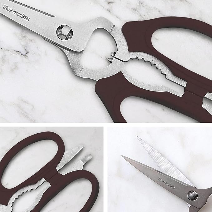 Messermeister 8-Inch Take-Apart Kitchen Scissors, Black - Includes Screwdriver, Nut Cracker, Jar Lid Opener/Gripper, Bottle Opener & Bone + Twig Cutter - Suitable for Lefties & Righties