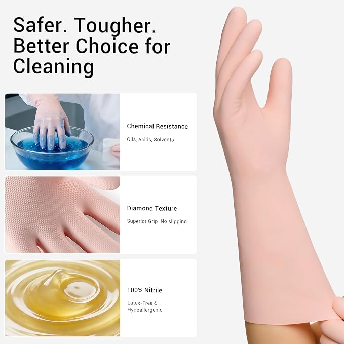 ThxToms 2 Pair Nitrile Dishwashing Cleaning Gloves,with Cotton Flocked Liner,Skin-Friendly & Anti-Slip Design,Y&P