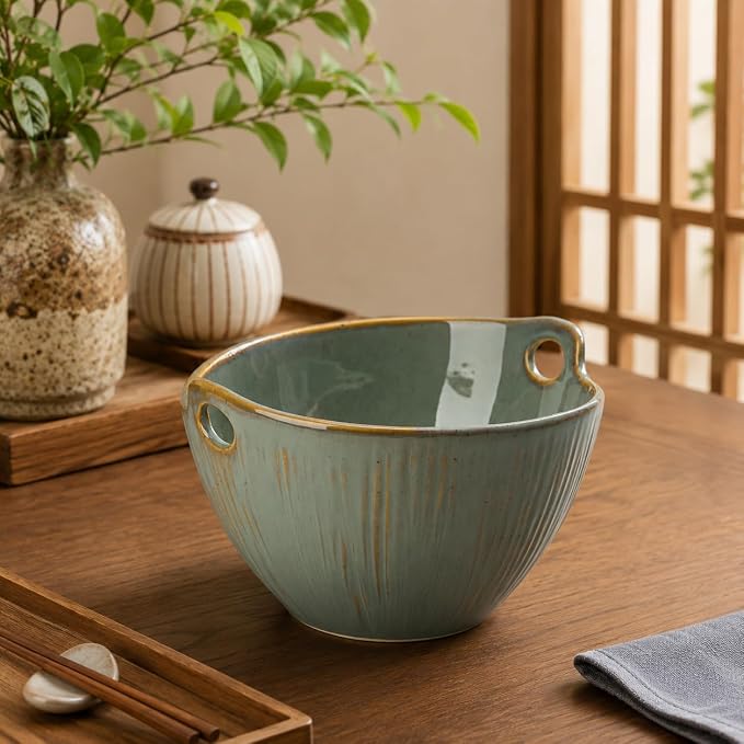 Ramen Bowl with Chopsticks and Spoons Set, 7 Inch Ceramic Noodle Bowl Set of 2, Donburi Bowl Dishwasher Safe for Pho Udon Soba Noodle Salad Pasta, Special Wild Sage Earth Bowls Set