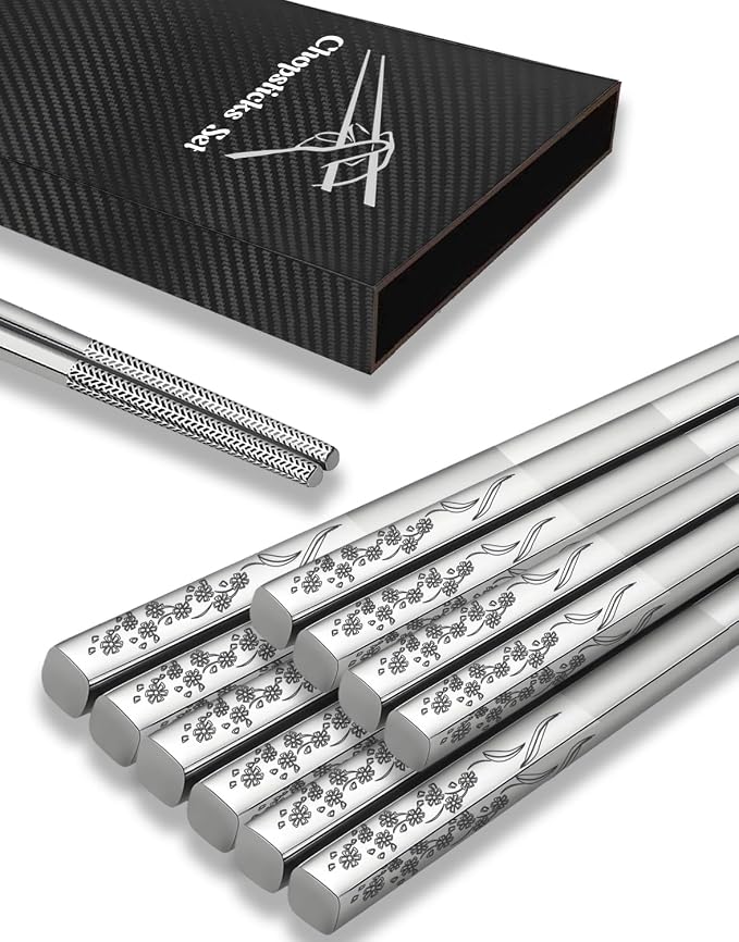 Metal Chopsticks Reusable 5 Pairs 18/8 Stainless Steel Chopsticks Orchid | Dishwasher Safe,Non-Slip Grip,Good for Beginners,Come in a Gift Box,SUS304 Resistant to Rust,Square,Chop Sticks Silver,9.25''