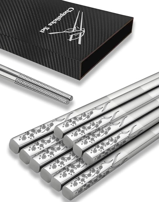 Metal Chopsticks Reusable 5 Pairs 18/8 Stainless Steel Chopsticks Orchid | Dishwasher Safe,Non-Slip Grip,Good for Beginners,Come in a Gift Box,SUS304 Resistant to Rust,Square,Chop Sticks Silver,9.25''