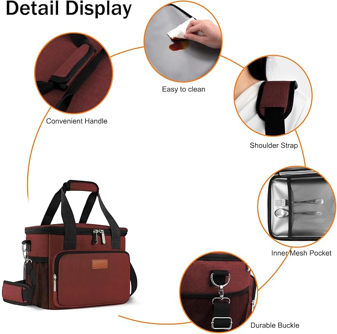 Lunch Bags for Women/Men, Insulated Lunch Bag for Work Office Picnic - Large Lunch Cooler Bag Leakproof Lunch Box with Adjustable Shoulder Strap for Adults - Red(15L)