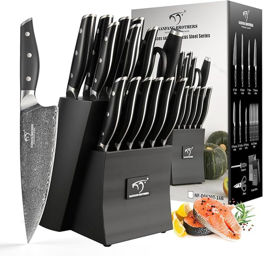 Damascus Knife Set with Block for Kitchen, VG10 Core Damascus Steel Chef Knife Set with Triple-Rivet Handle, Knife Sharpener, 16PCS with Ash Wood Knife Block