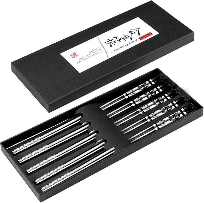 Metal Chopsticks ,Stainless Steel Non-Slip Design Chopsticks Reusable Dishwasher Safe Chop Sticks Laser Engraved Dragon Pattern 5 Pairs Gift Set