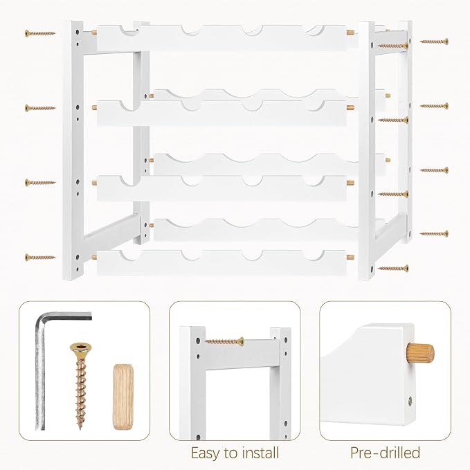VASMIA Wine Rack, 4-Tier Bamboo Wine Racks Countertop,Sturdy and Durable Wine Storage Cabinet Shelf,16 Bottles Wine Holder for Kitchen Pantry, White