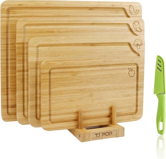 Labeled Cutting Board Set of 4, Bamboo Chopping Boards with Food Icons | Charcuterie Board Serving Tray with Juice Groove & Handles, Ideal for Meat, Vegetables, Fruits, Cheese