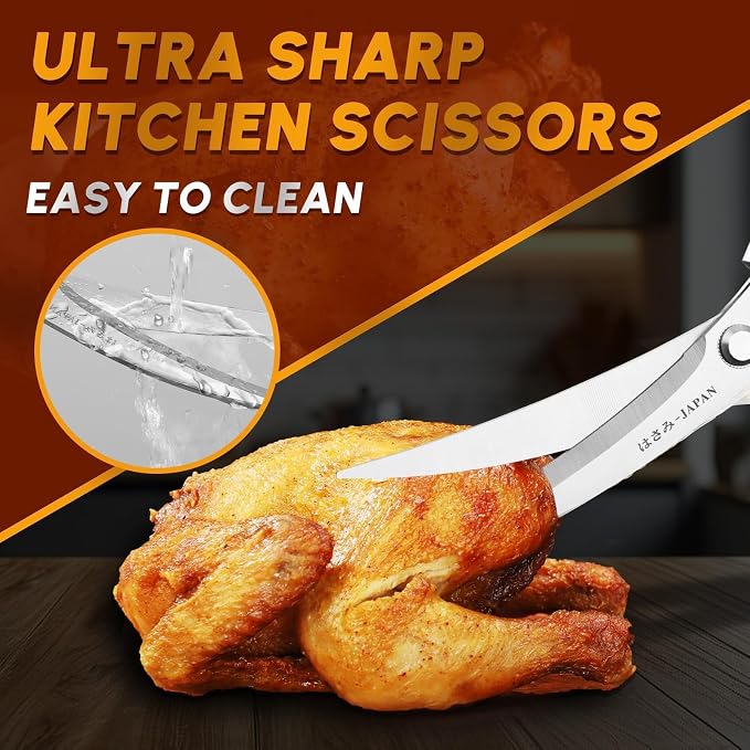 Huusk Kitchen Scissors for Food - Multifunction Poultry Shears Heavy Duty | Japanese Stainless Steel Kitchen Shears for Meat, Fish, Chicken, Turkey, Ergonomic Handle, Easy to Clean, Gifts for Women
