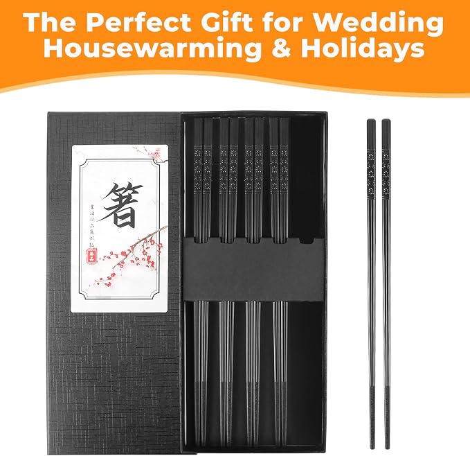 Fiberglass Chopsticks Reusable Set, 5 Pairs Black Gift-Boxed – Premium Non-Slip, Dishwasher Safe, Heat-Resistant 9.5 Inch Chop Sticks for Sushi, Ramen, Asian Dining