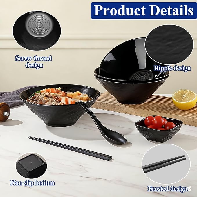 Berglander Ramen Bowl Set 40 oz of 4 with Dipping Bowls Chopsticks Spoons, Unbreakable Japanese Style Plastic Noodle Soup Bowls for Asian Pho Soup Thai Miso Udon Wonton