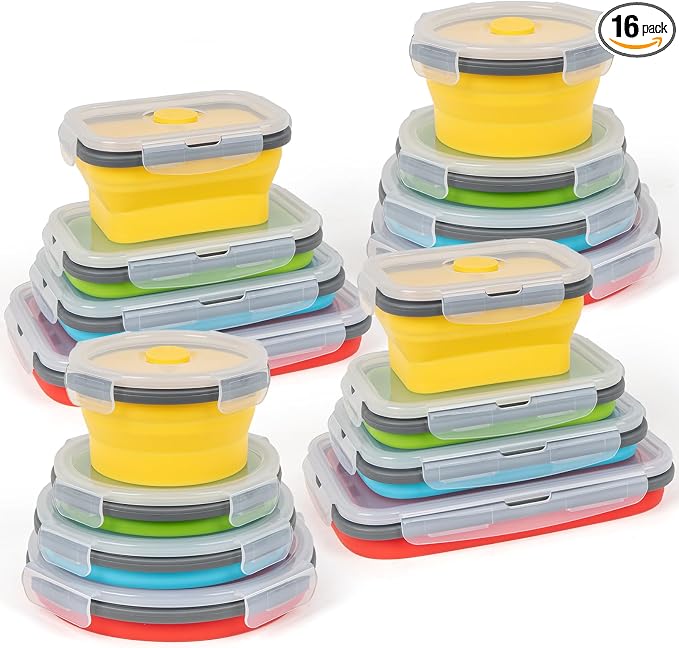 Collapsible Silicone Food Storage Containers Set with Lid & Air Vent, Foldable Lunch Containers, 16 Pack (8 Rectangular + 8 Round Bowls), BPA-Free, Space-Saving