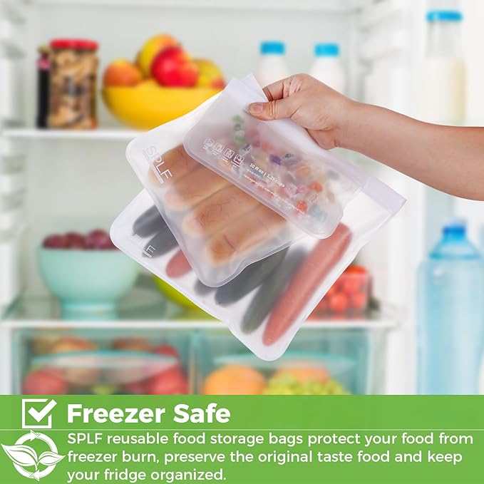 SPLF 10 Pack Dishwasher Safe Reusable Snack Bags | BPA Free Reusable Food Storage Freezer Bags Leakproof Silicone and Plastic Free Lunch Bags Fridge Home Organization