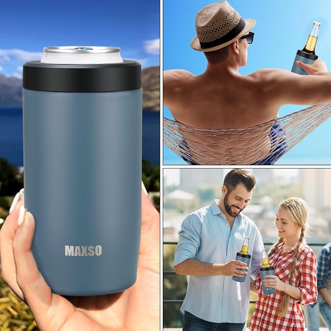 MAXSO Slim Can Cooler, 4-in-1 Double Walled Stainless Steel Insulated Beer Can Holder, Works With All 12 Oz Cans,Bottles & As A Pint Cups - Navy Blue