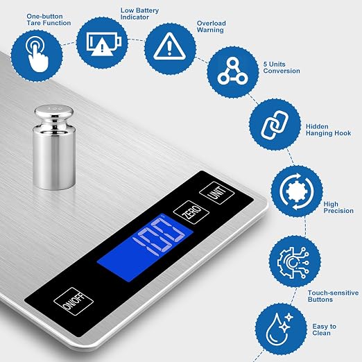 Food Scale, 22lb Digital Kitchen Scale with 1g/0.1oz Accuracy, 5 Units (g/kg/lb:oz/ml/fl.oz), Backlit LCD, 9x6.3x0.8 Inch Stainless Steel Panel, Hidden Hook, Batteries Included