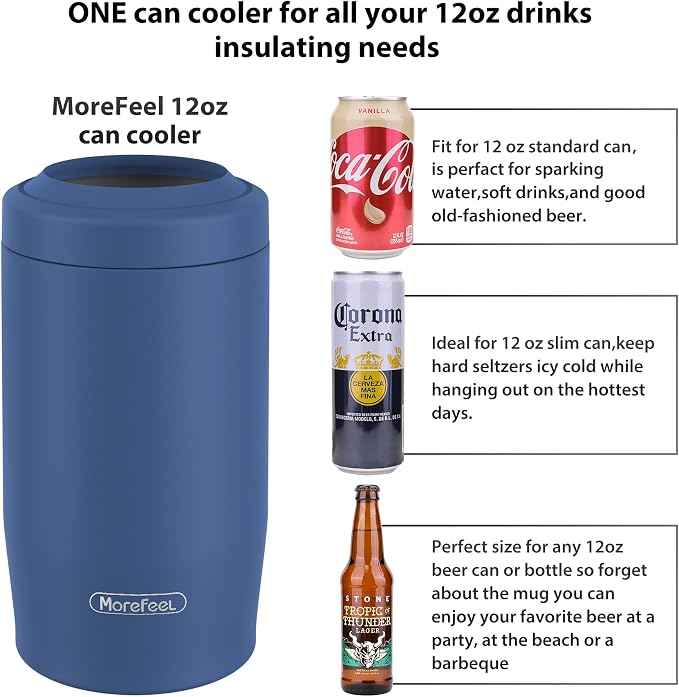 Morefeel 4-in-1 Insulated Can Cooler for 12 oz Cans & Bottles | 304 Stainless Steel Can Holder Fits 12 Oz Slim Cans, Standard Cans, Beer Bottles & Works as A Open Cup; Dishwasher Safe