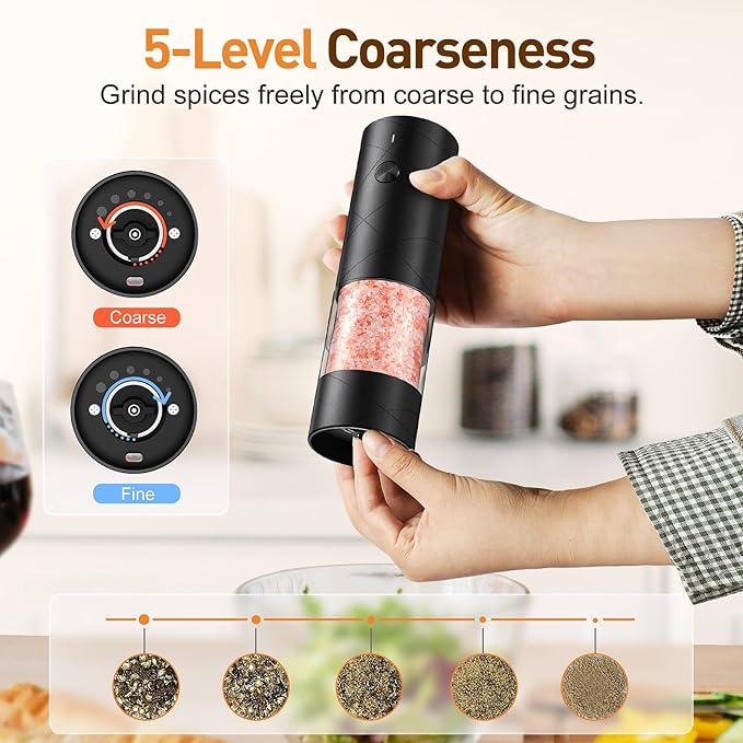 Rechargeable Electric Salt and Pepper Grinder Set, Automatic Salt and Pepper Shakers, Adjustable Coarseness Pepper Grinder with Led Kitchen and Home Appliances Gifts for Women(Blackblack)