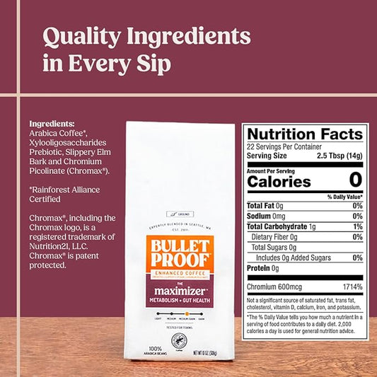 Bulletproof The Maximizer Ground Coffee, 10 Ounces, Clean Coffee with Prebiotics, Metabolism and Gut Health Support, Packaging May Vary