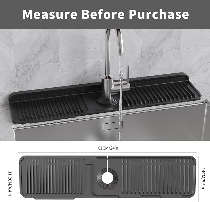 WAFT YEARN 24X5 Inch Silicone Durable Faucet Mat Kitchen Sink Splash Guard Draining Protector Tray Liner Absorbent Protective Counter Accessories For Sink Kitchen Bathroom Laundry Room Bar & RV Black