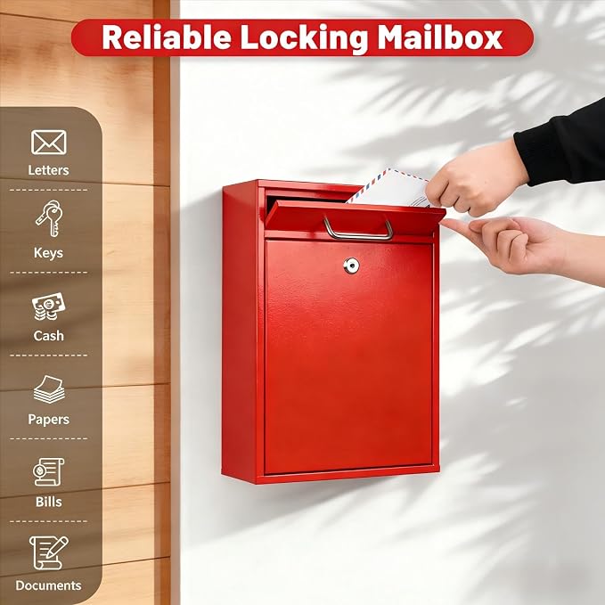 KYODOLED Locking Wall Mount Mailbox for Outside, Drop Box, X-Large, Red | Heavy-Duty Steel, Outdoor Mail Box with Key Lock, Large Capacity, Home, Office & Apartment Use, 16.2H × 11.2L × 4.6W In