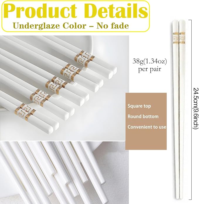 Ceramic Chopsticks Reusable,5 Pairs Porcelain Chop sticks,Jin Ruyi,9.7'' | Easy to Clean,Dishwasher Safe,Heat Resistant,with a Gift case,Cooking Chopsticks,High-grade Bone China Porcelain