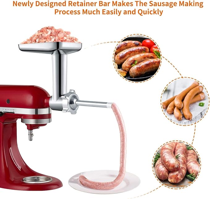100% Stainless Steel Meat Grinder for KitchenAid Mixer, Dishwasher Safe | Includes 3 Sausage Stuffer Tubes & 4 Grinding Plates, Anti-Corrosion Polished Design（Not include the KitchenAid Mixer）