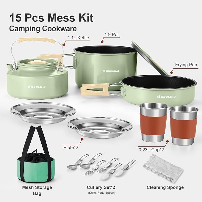 Odoland 15pcs Camping Cookware Mess Kit, 1.9L Pot, for Camping, Backpacking | Anodized aluminum, for hiking, outdoor cooking and picnic, 1.9L pot 0.8L kettle 0.86L pan mess kit, little compact pot set