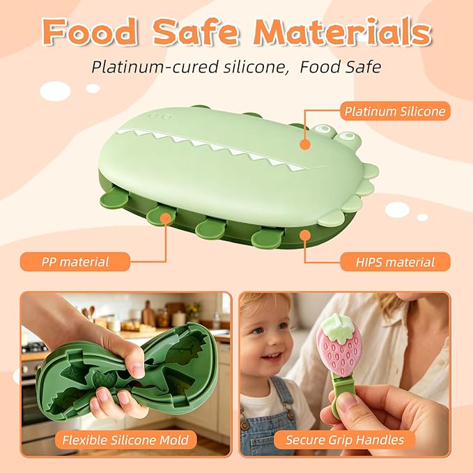 Crocodile Popsicle Molds for Kids & Toddlers – Fun Mini Silicone Ice Pop Maker, BPA Free, Animal Ice Cream Mold Set (Green-crocodile(8 pieces))